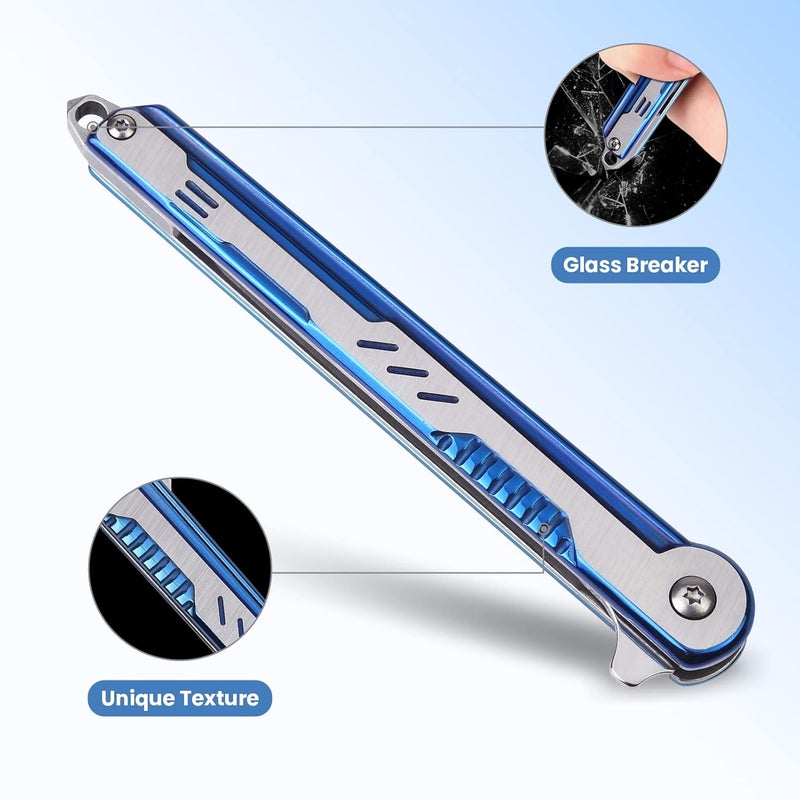 FUNBRO EDC Pocket Knife for Womens, Tanto Folding Knives with 7CR13Mov Stainless Steel Blade, Cool Survival Knife with Clip, Window Breaker, Flipper Open and Liner Lock for Outdoor Camping (Blue) - Image 3